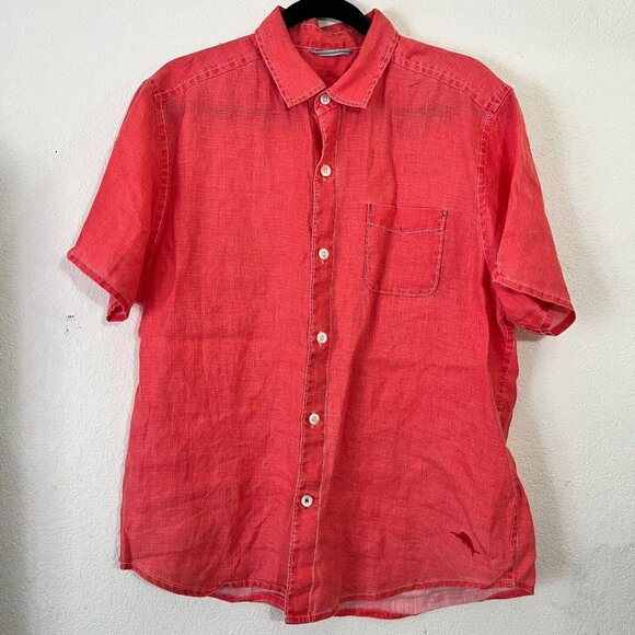 Tommy Bahama Relax Mens Medium Peach 100% Linen Short Sleeve Button Up Shirt